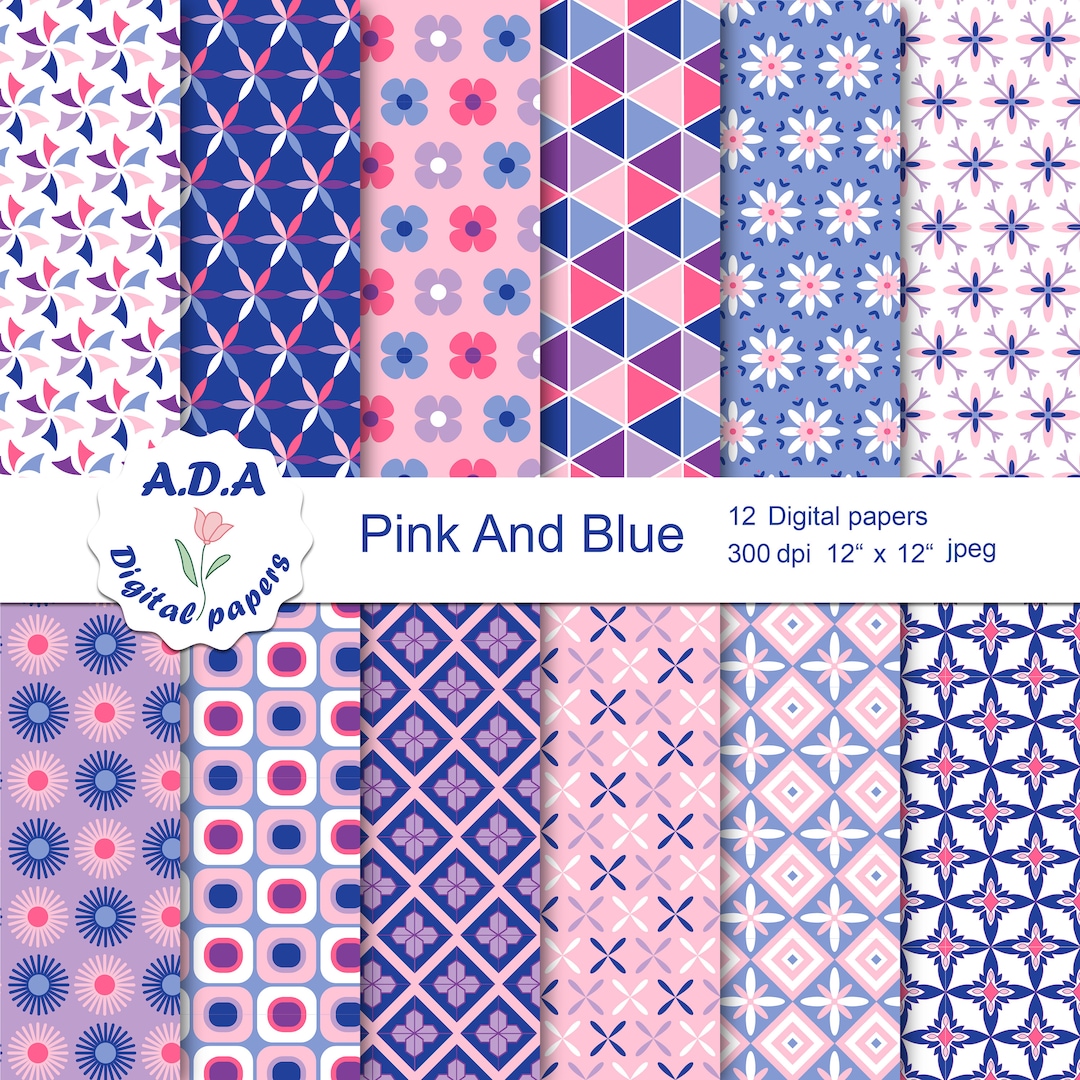 Pink and Blue Digital Paper Pack, Floral Scrapbooking Paper, Floral ...