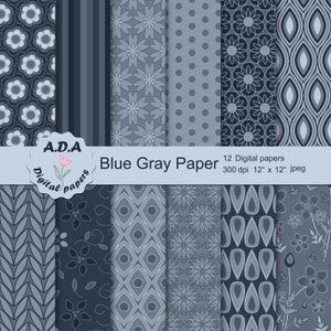 Blue gray digital paper pack, blue scrapbook paper, blue gray background, geometric blue pattern, floral pattern, commercial use