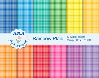 Rainbow plaid digital paper pack, Plaid background, Digital plaid paper, Scrapbooking paper, Instant download, Commercial use