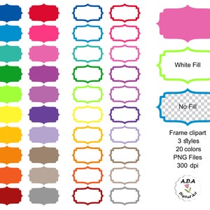 Peut inclure: Image de cliparts de cadres colorés de différentes formes et couleurs. L'image comprend 3 styles, 20 couleurs et des fichiers PNG à 300 dpi. Le texte "Frame clipart" et "A.D.A Digital Art" sont également visibles.