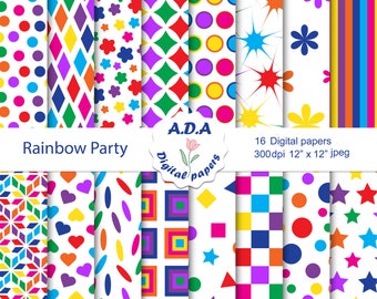 Colorful Rainbow Party digital paper pack, party decoration, rainbow scrapbook papers, primary colors craft paper, commercial use