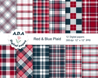 Red and Blue plaid digital paper pack, Plaid background, Digital plaid paper, Scrapbooking paper, Instant download, Commercial use