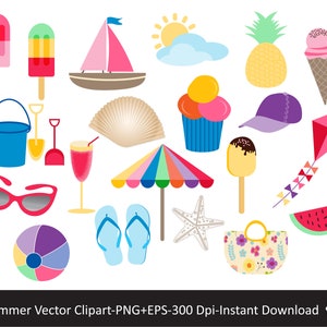 Op de afbeelding: Een set van 18 zomerse clip art afbeeldingen, waaronder een zeilboot, een ijsje, een watermeloenpunt, een strandbal, een zonnebril, slippers, een parasol, een schelp, een emmer en schep, een ananas, een cupcake, een vlieger, een zon, een wolk, een ijslolly, een glas sap, een hoed en een strandtas.