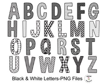 Alphabet clipart, black and white Alphabet letters clip art, black pattern letters, digital Alphabet, letters clipart, commercial use