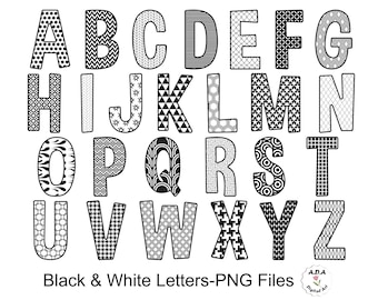 Alphabet clipart, black and white Alphabet letters clip art, black pattern letters, digital Alphabet, letters clipart, commercial use