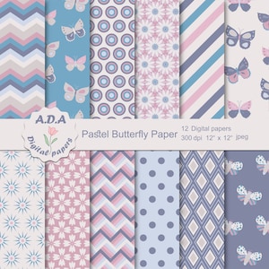 Papier numérique bleu et rose, papier d’album de papillon pastel, fond floral, fond bleu, papier rose, papier pastel, utilisation commerciale