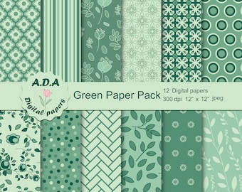 Green digital paper, green floral pattern, green scrapbook paper, green background, printable paper, instant download, commercial use