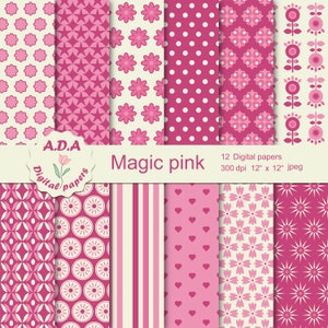 Pink digital paper pack, pink scrapbooking paper, rose pink background ,floral background, commercial use