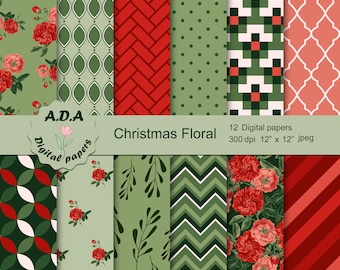 Christmas floral digital paper pack, Christmas background, Christmas scrapbook papers, Floral digital paper, commercial use