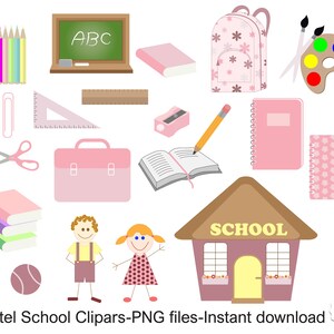 Puede incluir: Un conjunto de imágenes de clipart de temática escolar en rosa pastel, que incluye una escuela, una mochila, un libro, un lápiz, una regla, una paleta de pintura, un par de tijeras, una fiambrera, una pizarra, un juego de lápices de colores, un juego de libros, una pelota y dos figuras de palo de niños.