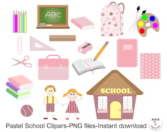 Pastel School Clipart, School Tools Clip Art, Teacher Clipart, School Supplies Cute Clipart, Commercial Use