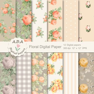 Shabby Chic Digital Paper Pack, Floral Background, Floral Scrapbook Paper, Roses Background, Floral Pattern, Commercial Use