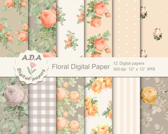 Shabby Chic Digital Paper Pack, Floral Background, Floral Scrapbook Paper, Roses Background, Floral Pattern, Commercial Use