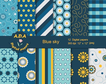 Blue Sky digital paper pack, scrapbook papers, craft paper, printable pattern, instant download, commercial use