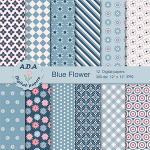 Blue digital paper pack, Light blue scrapbook paper, Blue background, Floral background, Instant download, Commercial use
