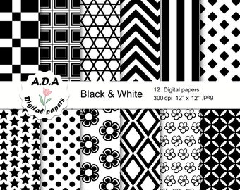 Paquete de papel digital en blanco y negro, papeles de álbum de recortes, papel artesanal, patrón imprimible, uso comercial