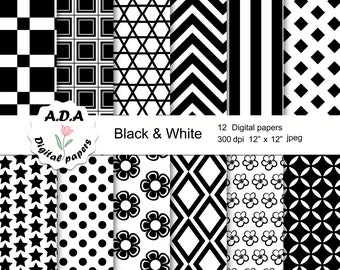 Black and White digital paper pack, scrapbook papers,craft paper, printable pattern, commercial use