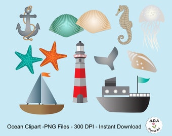 Ocean clipart, Ocean clip art, Shell, Starfish, Sea horse, Boat, Ship, Lighthouse, Digital clipart, Instant download, Commercial Use