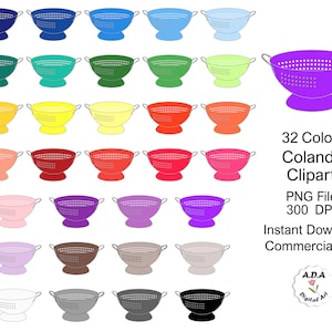 Imágenes prediseñadas de Colander, imágenes prediseñadas de colador de 32 colores, imágenes prediseñadas de colador de colores brillantes, archivos PNG, descarga instantánea, uso comercial