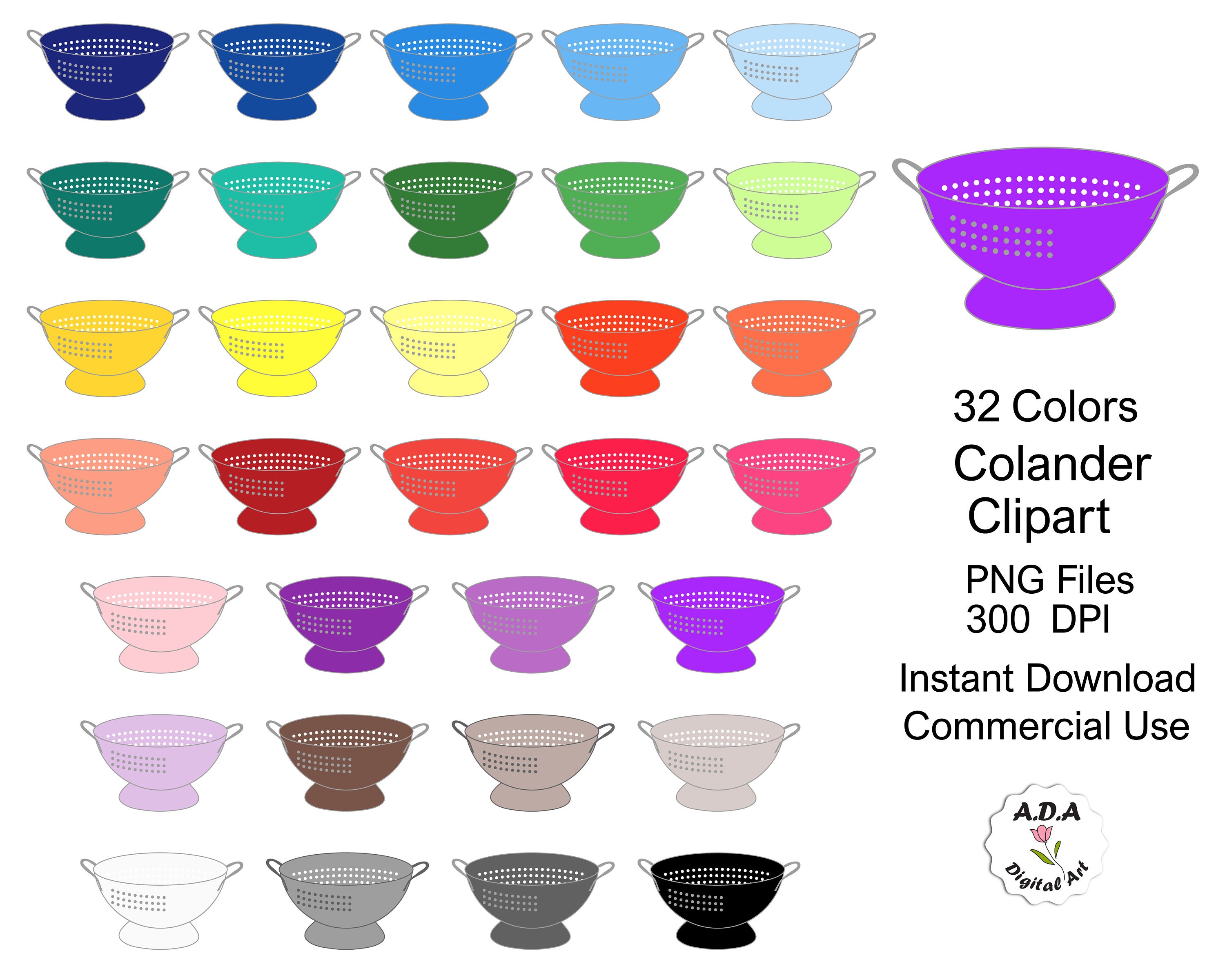 Colander Clipart, 32 Colors Colander Clip Art, Bright Colored Colander