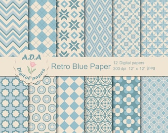 Retro blue paper, blue vintage background, retro blue scrapbook paper, floral pattern, geometric pattern, instant download, commercial use