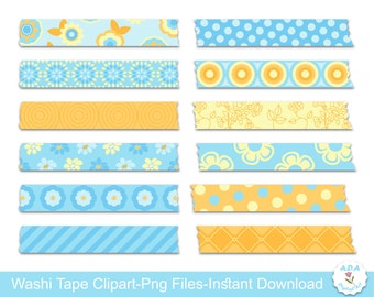 Digital Washi Tape Clipart, Yellow And Blue Washi Tape Clip Art, Flowers, Dots, Stripes, Instant Download, Commercial Use
