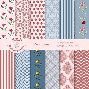 Floral pink and blue printable digital paper pack, pink and blue backgrounds, scrapbook papers, printable pattern, commercial use