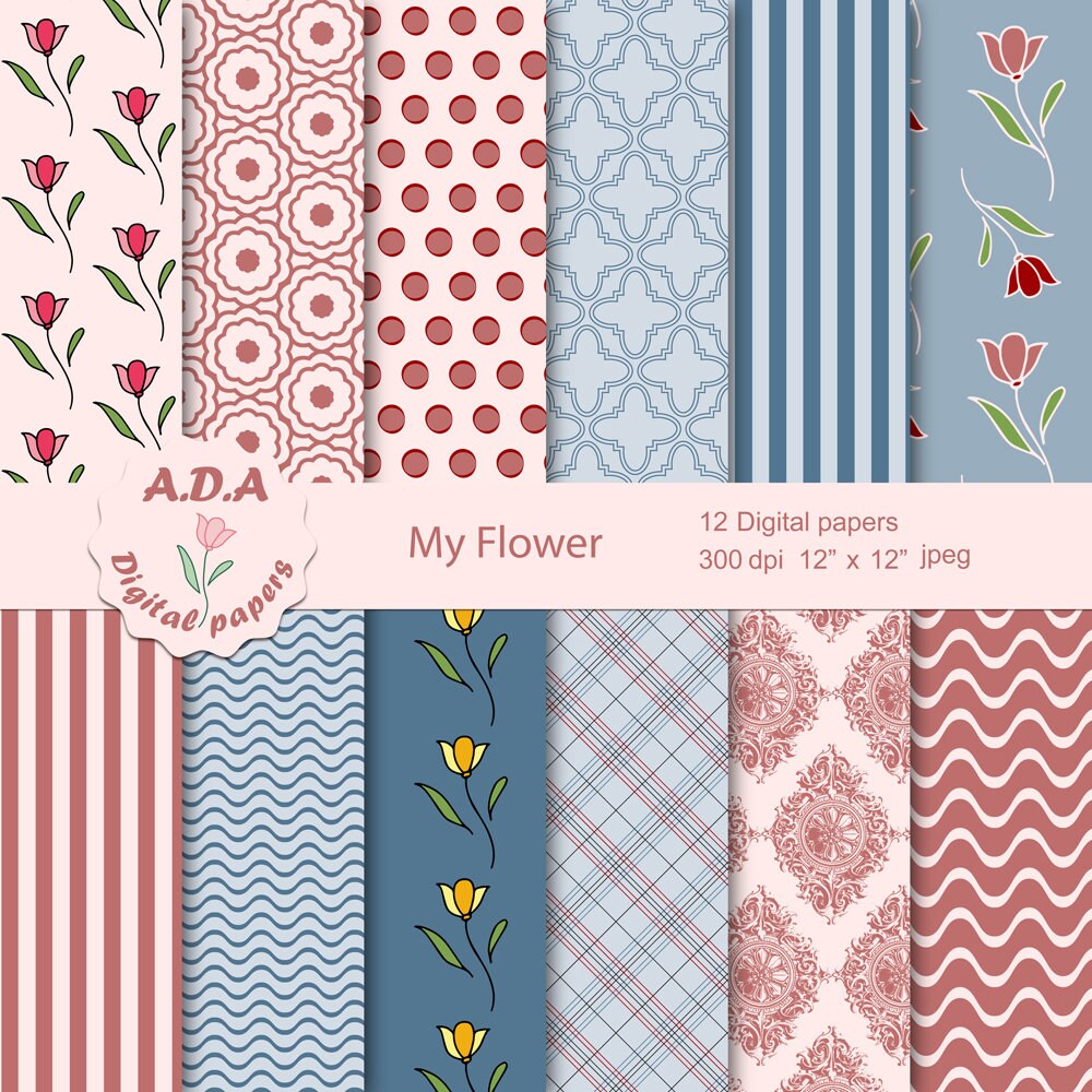 Floral pink and blue printable digital paper pack, pink and blue backgrounds, scrapbook papers, printable pattern, commercial use