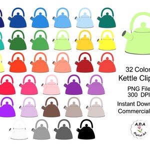 May include: A set of 32 colorful kettle clipart images in PNG format. The kettles are all the same shape and size, but they are in different colors, including blue, green, red, yellow, purple, and pink. The images are 300 DPI and are perfect for use in digital projects.