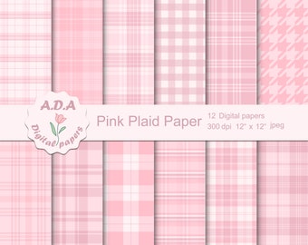 Pink plaid digital paper pack, Plaid background, Digital baby pink plaid paper, Scrapbooking paper, Instant download, Commercial use