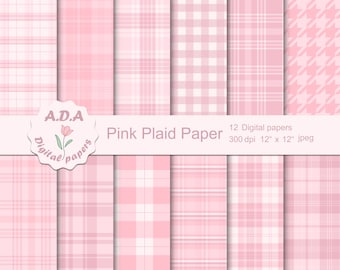 Pink plaid digital paper pack, Plaid background, Digital baby pink plaid paper, Scrapbooking paper, Instant download, Commercial use