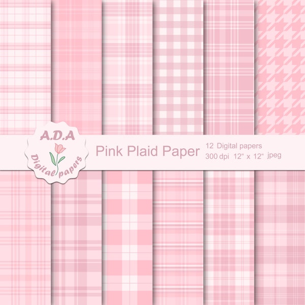 Pink plaid digital paper pack, Plaid background, Digital baby pink plaid paper, Scrapbooking paper, Instant download, Commercial use