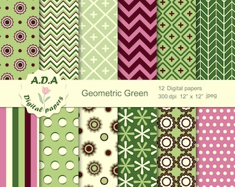Grönt geometriskt digitalt papperspaket, grön bakgrund, scrapbookingpapper, utskrivbart mönster, omedelbar nedladdning, kommersiellt bruk