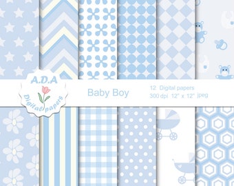 Baby Boy blue printable digital paper pack, baby shower patterns, 12x12 scrapbooking background, printable blue pattern, commercial use