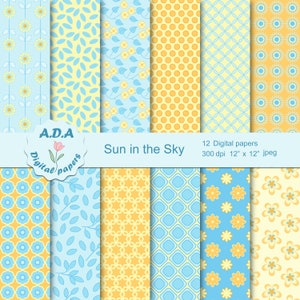 Aqua and yellow digital paper pack, light blue scrapbooking papers, blue and yellow background ,floral background, commercial use