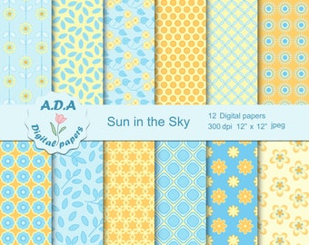 Aqua and yellow digital paper pack, light blue scrapbooking papers, blue and yellow background ,floral background, commercial use
