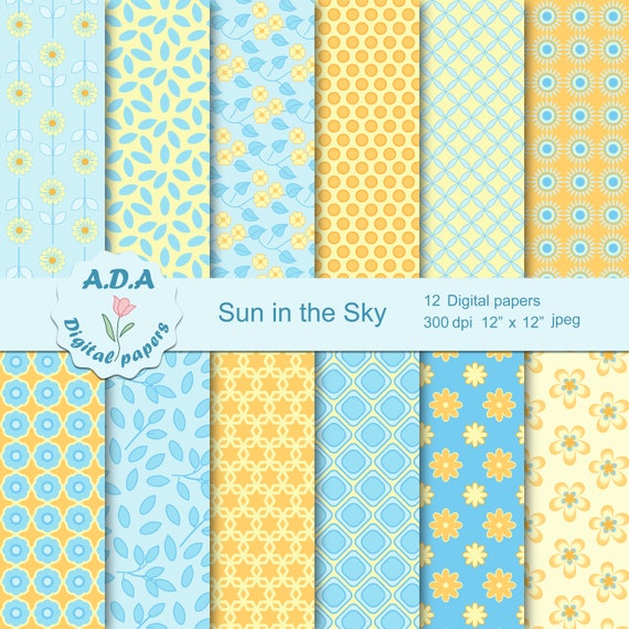 Aqua And Yellow Digital Paper Pack Light Blue Scrapbooking Etsy