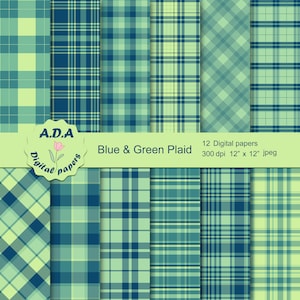 Blau und grün kariertes Papier Pack, karierten Hintergrund, Digital auf kariertem Papier, scrapbookingpapier, sofortiger Download, kommerzielle Nutzung
