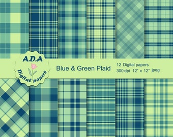 Pack de papier numérique à carreaux bleu et vert, fond à carreaux, plaid papier numérique, papier Scrapbooking, téléchargement immédiat, usage Commercial