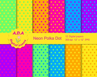 Neon polka dot digital paper pack, polka dot scrapbooking papers, polka dot craft paper, printable pattern, instant download, commercial use