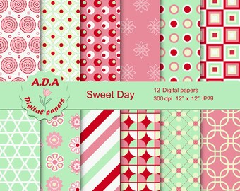 Pink and mint printable digital paper pack, Pink and mint background, scrapbook papers, printable pattern, commercial use