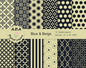 Blue and Beige digital paper pack, scrapbook papers, wrapping paper, craft paper, commercial use
