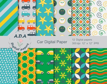 Paquete de papel digital del coche, papeles del álbum de recortes, papel de la artesanía, patrón imprimible del papel de fondo, descarga instantánea, uso comercial