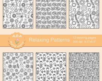 Relaxing floral pattern coloring pages, 12 Unique designs, PDF, 8.5” x 8.5” Instant download