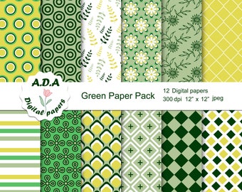 Green paper pack, Green and yellow scrapbook papers, Green background, Floral paper, Digital download, Commercial use