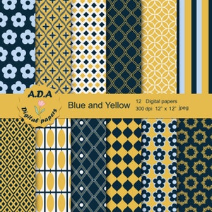 Blue and Yellow digital paper pack, scrapbooking paper, Blue and Yellow background, printable pattern, instant download, commercial use