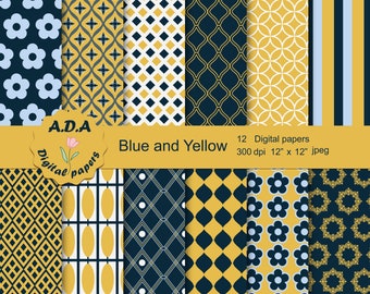 Blue and Yellow digital paper pack, scrapbooking paper, Blue and Yellow background, printable pattern, instant download, commercial use