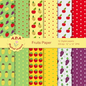 Confezione di carta per scrapbooking con frutta, mela, uva, ananas, banana, fragola, motivo frutta, uso commerciale