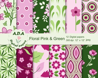 Pink and green digital paper pack, pink and green scrapbooking paper, pink and green background, floral background, commercial use