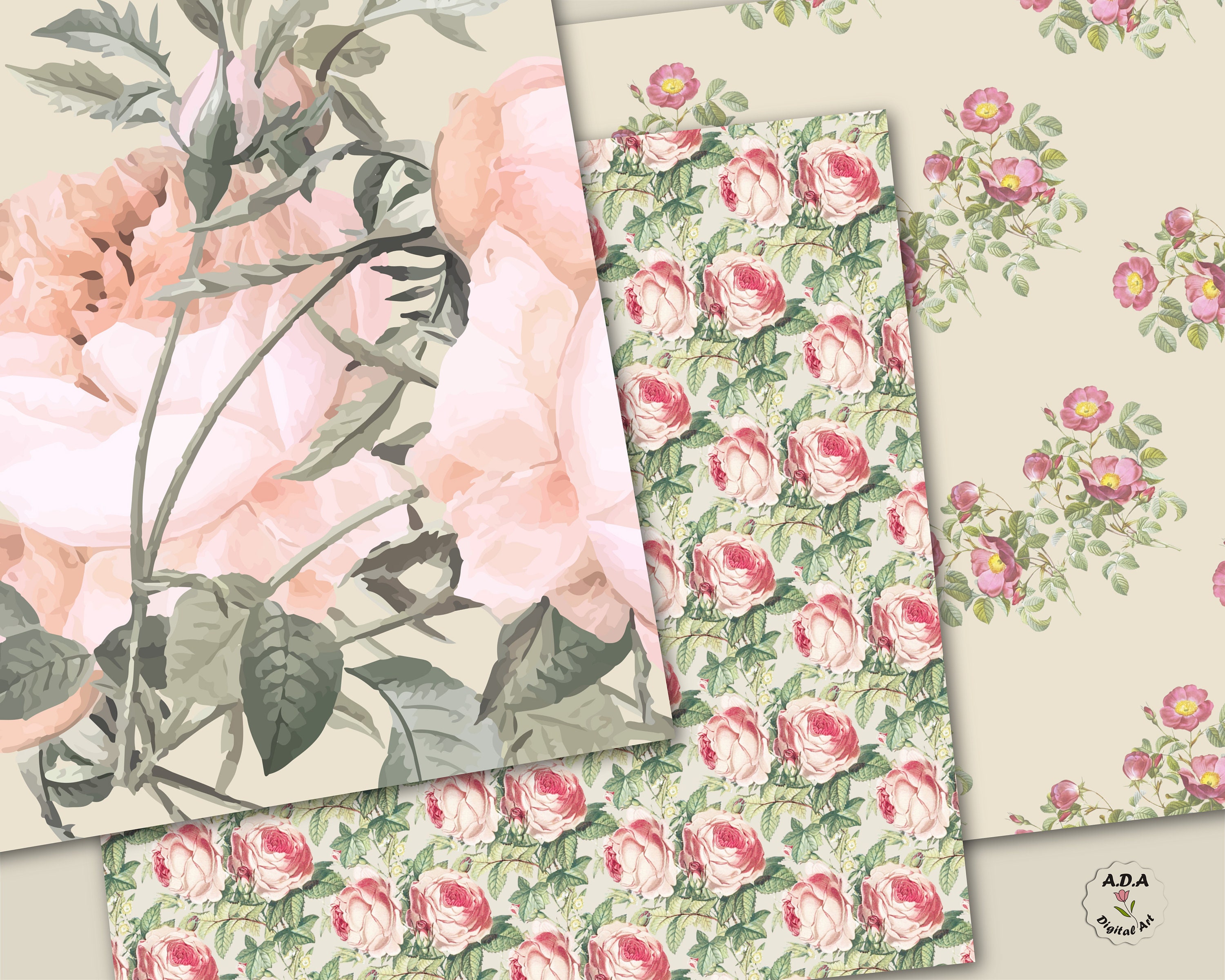 Vintage Rose Paper, Shabby Chic Digital Paper, Floral Background ...